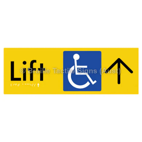Braille Sign Lift Access w/ Large Arrow - Braille Tactile Signs (Aust) - BTS174->U-yel - Fully Custom Signs - Fast Shipping - High Quality - Australian Made & Owned