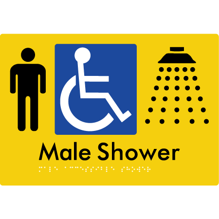 Braille Sign Male Accessible Shower - Braille Tactile Signs Aust. - BTS365-yel - Custom Signs - Fast Shipping - High Quality - Australian Made & Owned