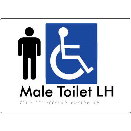 Braille Sign Male Accessible Toilet LH / RH - Braille Tactile Signs Aust. - BTS06LHn-wht - Custom Signs - Fast Shipping - High Quality - Australian Made & Owned