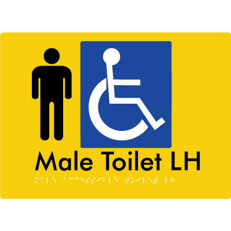 Braille Sign Male Accessible Toilet LH / RH - Braille Tactile Signs Aust. - BTS06LHn-yel - Custom Signs - Fast Shipping - High Quality - Australian Made & Owned