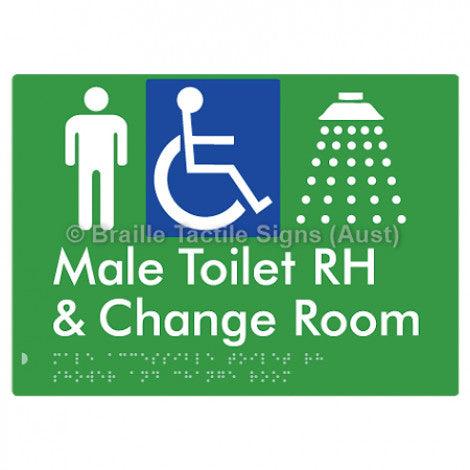Male Accessible Toilet RH Shower & Change Room - Braille Tactile Signs (Aust) - BTS291RH-grn - Fully Custom Signs - Fast Shipping - High Quality
