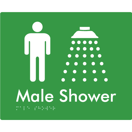 Braille Sign Male Shower - Braille Tactile Signs Aust. - BTS158n-grn - Custom Signs - Fast Shipping - High Quality - Australian Made & Owned