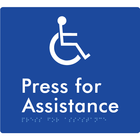 Braille Sign Press For Assistance - Braille Tactile Signs Aust. - BTS408-blu - Custom Signs - Fast Shipping - High Quality - Australian Made & Owned