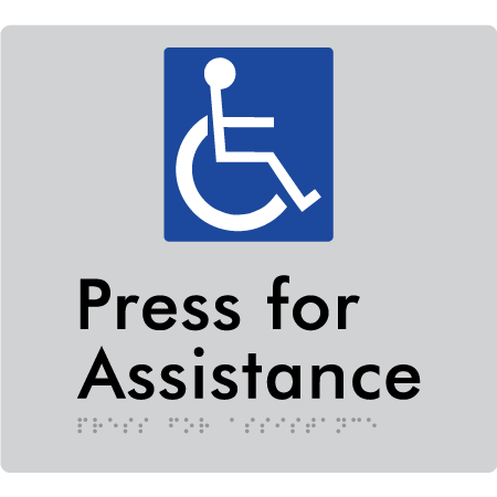 Braille Sign Press For Assistance - Braille Tactile Signs Aust. - BTS408-slv - Custom Signs - Fast Shipping - High Quality - Australian Made & Owned