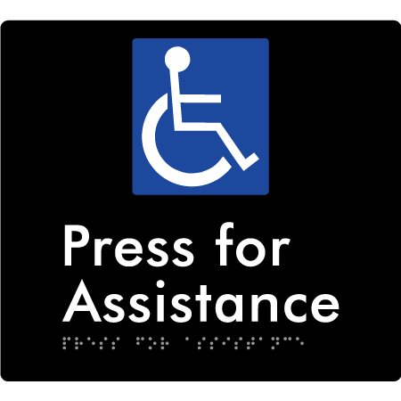Braille Sign Press For Assistance - Braille Tactile Signs Aust. - BTS408-blk - Custom Signs - Fast Shipping - High Quality - Australian Made & Owned