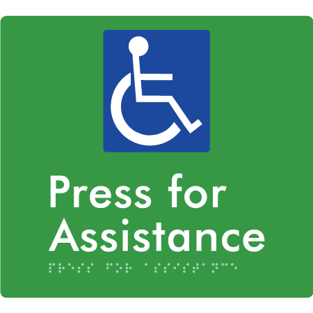 Braille Sign Press For Assistance - Braille Tactile Signs Aust. - BTS408-grn - Custom Signs - Fast Shipping - High Quality - Australian Made & Owned