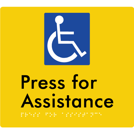 Braille Sign Press For Assistance - Braille Tactile Signs Aust. - BTS408-yel - Custom Signs - Fast Shipping - High Quality - Australian Made & Owned