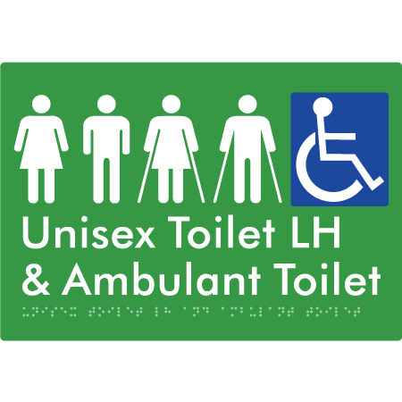 Braille Sign Unisex Accessible Toilet LH and Ambulant Toilet - Braille Tactile Signs Aust. - BTS311LH-grn - Custom Signs - Fast Shipping - High Quality - Australian Made & Owned