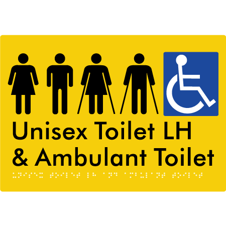 Braille Sign Unisex Accessible Toilet LH and Ambulant Toilet - Braille Tactile Signs Aust. - BTS311LH-yel - Custom Signs - Fast Shipping - High Quality - Australian Made & Owned