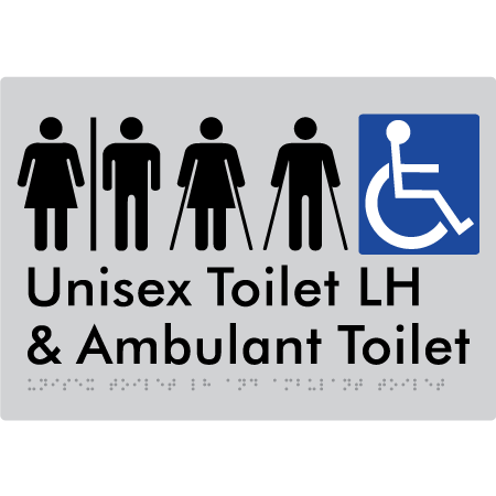 Braille Sign Unisex Accessible Toilet LH and Ambulant Toilet w/ Air Lock - Braille Tactile Signs Aust. - BTS311LH-AL-slv - Custom Signs - Fast Shipping - High Quality - Australian Made & Owned