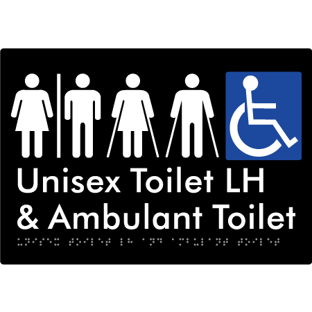 Braille Sign Unisex Accessible Toilet LH and Ambulant Toilet w/ Air Lock - Braille Tactile Signs Aust. - BTS311LH-AL-blk - Custom Signs - Fast Shipping - High Quality - Australian Made & Owned