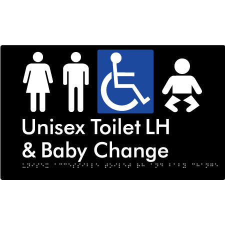 Braille Sign Unisex Accessible Toilet LH & Baby Change - Braille Tactile Signs Aust. - BTS33LHn-blk - Custom Signs - Fast Shipping - High Quality - Australian Made & Owned