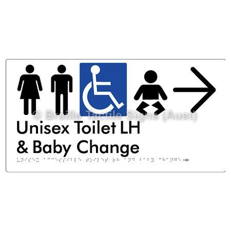 Braille Sign Unisex Accessible Toilet LH and Baby Change w/ Large Arrow: - Braille Tactile Signs (Aust) - BTS33LHn->R-wht - Fully Custom Signs - Fast Shipping - High Quality - Australian Made & Owned
