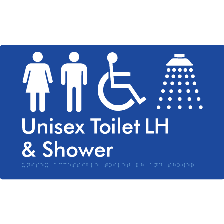 Braille Sign Unisex Accessible Toilet LH & Shower - Braille Tactile Signs Aust. - BTS35LHn-blu - Custom Signs - Fast Shipping - High Quality - Australian Made & Owned