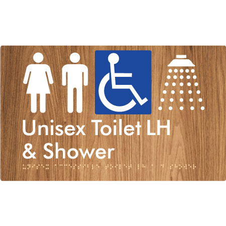 Braille Sign Unisex Accessible Toilet LH & Shower - Braille Tactile Signs Aust. - BTS35LHn-wdg - Custom Signs - Fast Shipping - High Quality - Australian Made & Owned