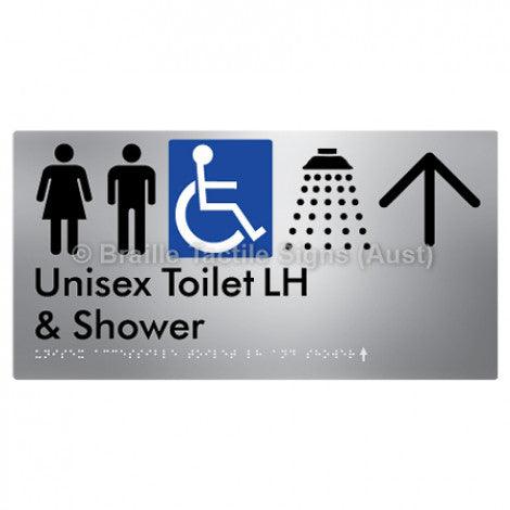 Braille Sign Unisex Accessible Toilet LH & Shower w/ Large Arrow: - Braille Tactile Signs (Aust) - BTS35LHn->L-blu - Fully Custom Signs - Fast Shipping - High Quality - Australian Made & Owned