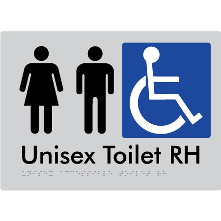 Braille Sign Unisex Accessible Toilet LH / RH - Braille Tactile Signs Aust. - BTS11RHn-slv - Custom Signs - Fast Shipping - High Quality - Australian Made & Owned