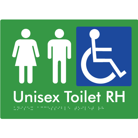 Braille Sign Unisex Accessible Toilet LH / RH - Braille Tactile Signs Aust. - BTS11RHn-grn - Custom Signs - Fast Shipping - High Quality - Australian Made & Owned