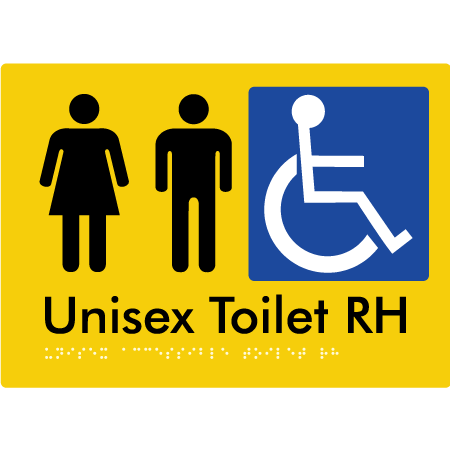 Braille Sign Unisex Accessible Toilet LH / RH - Braille Tactile Signs Aust. - BTS11RHn-yel - Custom Signs - Fast Shipping - High Quality - Australian Made & Owned