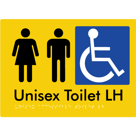 Braille Sign Unisex Accessible Toilet LH / RH - Braille Tactile Signs Aust. - BTS11LHn-yel - Custom Signs - Fast Shipping - High Quality - Australian Made & Owned