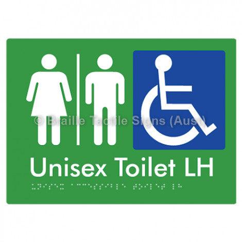Braille Sign Unisex Accessible Toilet LH w/ Air Lock - Braille Tactile Signs (Aust) - BTS11LHn-AL-grn - Fully Custom Signs - Fast Shipping - High Quality - Australian Made &amp; Owned