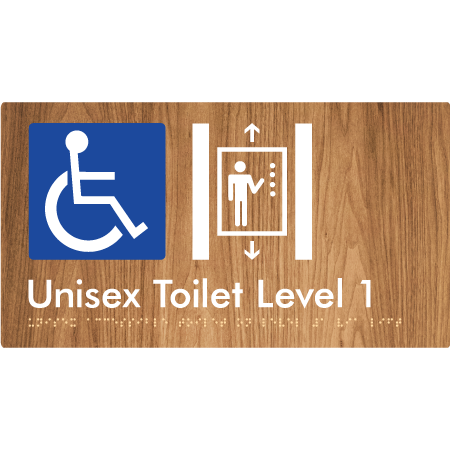 Braille Sign Unisex Accessible Toilet on Level 1 Via Lift - Braille Tactile Signs Aust. - BTS276-01-wdg - Custom Signs - Fast Shipping - High Quality - Australian Made & Owned