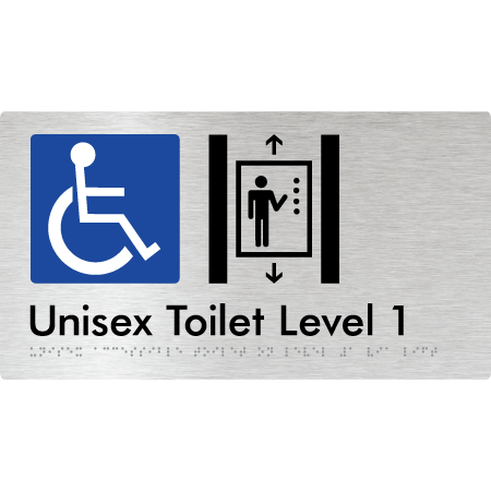 Braille Sign Unisex Accessible Toilet on Level 1 Via Lift - Braille Tactile Signs Aust. - BTS276-01-aliB - Custom Signs - Fast Shipping - High Quality - Australian Made & Owned