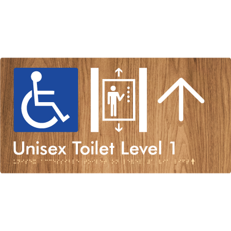 Braille Sign Unisex Accessible Toilet on Level 1 Via Lift w/ Large Arrow - Braille Tactile Signs Aust. - BTS276-01->U-wdg - Custom Signs - Fast Shipping - High Quality - Australian Made & Owned