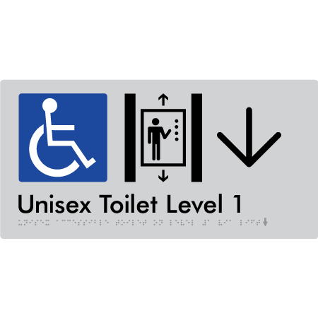 Braille Sign Unisex Accessible Toilet on Level 1 Via Lift w/ Large Arrow - Braille Tactile Signs Aust. - BTS276-01->L-blu - Custom Signs - Fast Shipping - High Quality - Australian Made & Owned