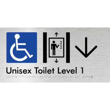 Braille Sign Unisex Accessible Toilet on Level 1 Via Lift w/ Large Arrow - Braille Tactile Signs Aust. - BTS276-01->L-blu - Custom Signs - Fast Shipping - High Quality - Australian Made & Owned
