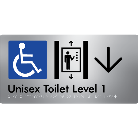 Braille Sign Unisex Accessible Toilet on Level 1 Via Lift w/ Large Arrow - Braille Tactile Signs Aust. - BTS276-01->L-blu - Custom Signs - Fast Shipping - High Quality - Australian Made & Owned