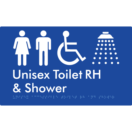 Braille Sign Unisex Accessible Toilet RH & Shower - Braille Tactile Signs Aust. - BTS35RHn-blu - Custom Signs - Fast Shipping - High Quality - Australian Made & Owned | Blue