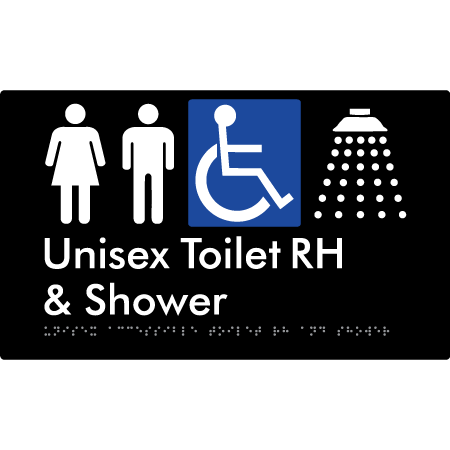 Braille Sign Unisex Accessible Toilet RH & Shower - Braille Tactile Signs Aust. - BTS35RHn-blk - Custom Signs - Fast Shipping - High Quality - Australian Made & Owned | Black