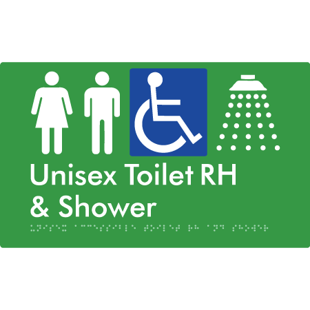 Braille Sign Unisex Accessible Toilet RH & Shower - Braille Tactile Signs Aust. - BTS35RHn-grn - Custom Signs - Fast Shipping - High Quality - Australian Made & Owned | Green