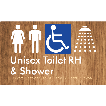 Braille Sign Unisex Accessible Toilet RH & Shower - Braille Tactile Signs Aust. - BTS35RHn-wdg - Custom Signs - Fast Shipping - High Quality - Australian Made & Owned | Woodgrain