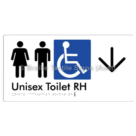 Braille Sign Unisex Accessible Toilet RH w/ Large Arrow - Braille Tactile Signs (Aust) - BTS11RHn->D-wht - Fully Custom Signs - Fast Shipping - High Quality - Australian Made & Owned
