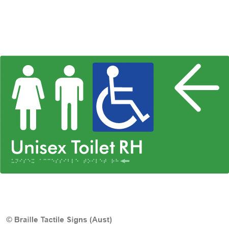 Braille Sign Unisex Accessible Toilet RH w/ Large Arrow - Braille Tactile Signs (Aust) - BTS11RHn->L-grn - Fully Custom Signs - Fast Shipping - High Quality - Australian Made & Owned
