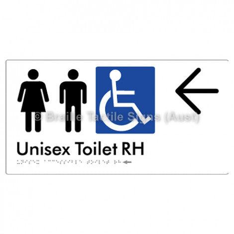 Braille Sign Unisex Accessible Toilet RH w/ Large Arrow - Braille Tactile Signs (Aust) - BTS11RHn->L-wht - Fully Custom Signs - Fast Shipping - High Quality - Australian Made & Owned