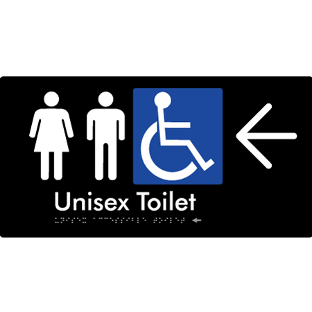 Braille Sign Unisex Accessible Toilet with Arrow - Braille Tactile Signs Aust. - BTS210->L-blk - Custom Signs - Fast Shipping - High Quality - Australian Made & Owned