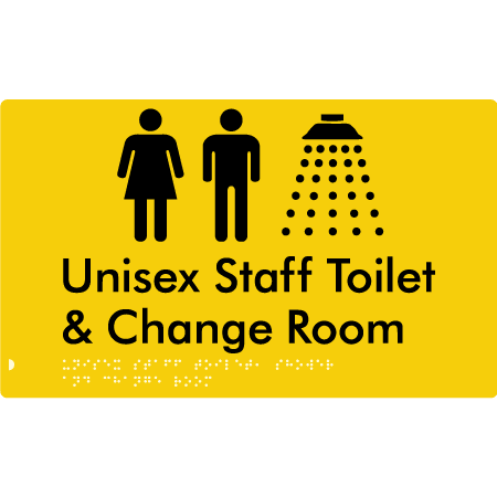 Braille Sign Unisex Staff Toilet, Shower & Change Room - Braille Tactile Signs Aust. - BTS389-yel - Custom Signs - Fast Shipping - High Quality - Australian Made & Owned