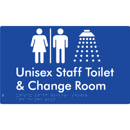 Braille Sign Unisex Staff Toilet, Shower & Change Room with Air Lock - Braille Tactile Signs Aust. - BTS389-AL-blu - Custom Signs - Fast Shipping - High Quality - Australian Made & Owned