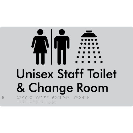Braille Sign Unisex Staff Toilet, Shower & Change Room with Air Lock - Braille Tactile Signs Aust. - BTS389-AL-slv - Custom Signs - Fast Shipping - High Quality - Australian Made & Owned