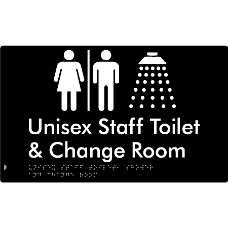 Braille Sign Unisex Staff Toilet, Shower & Change Room with Air Lock - Braille Tactile Signs Aust. - BTS389-AL-blk - Custom Signs - Fast Shipping - High Quality - Australian Made & Owned