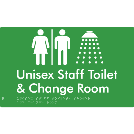 Braille Sign Unisex Staff Toilet, Shower & Change Room with Air Lock - Braille Tactile Signs Aust. - BTS389-AL-grn - Custom Signs - Fast Shipping - High Quality - Australian Made & Owned