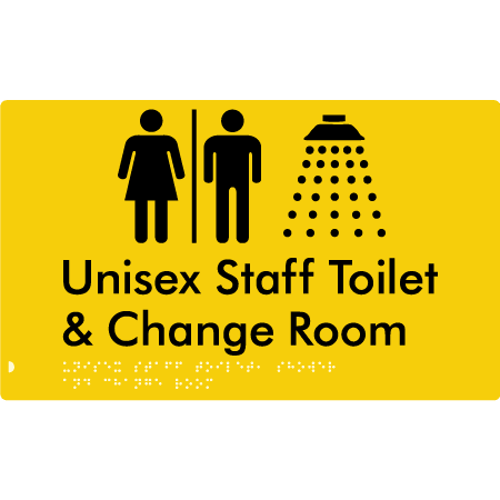 Braille Sign Unisex Staff Toilet, Shower & Change Room with Air Lock - Braille Tactile Signs Aust. - BTS389-AL-yel - Custom Signs - Fast Shipping - High Quality - Australian Made & Owned