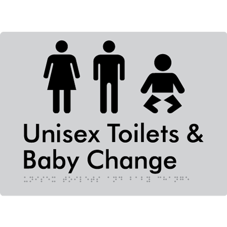 Braille Sign Unisex Toilets & Baby Change - Braille Tactile Signs Aust. - BTS162n-slv - Custom Signs - Fast Shipping - High Quality - Australian Made & Owned