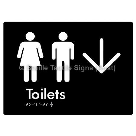 Braille Sign Toilets w/ Large Arrow: - Braille Tactile Signs (Aust) - BTS68->D-blk - Fully Custom Signs - Fast Shipping - High Quality - Australian Made & Owned