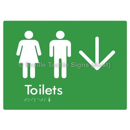 Braille Sign Toilets w/ Large Arrow: - Braille Tactile Signs (Aust) - BTS68->D-grn - Fully Custom Signs - Fast Shipping - High Quality - Australian Made & Owned