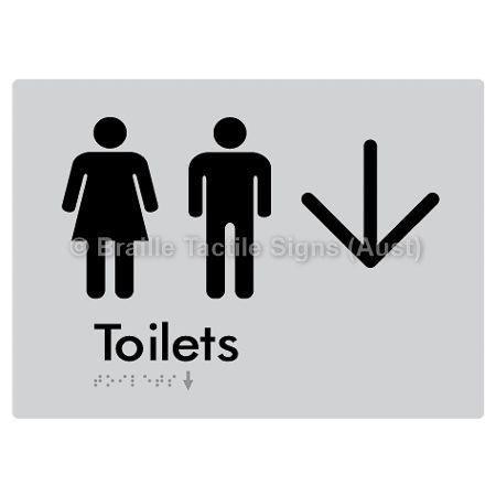 Braille Sign Toilets w/ Large Arrow: - Braille Tactile Signs (Aust) - BTS68->D-slv - Fully Custom Signs - Fast Shipping - High Quality - Australian Made & Owned