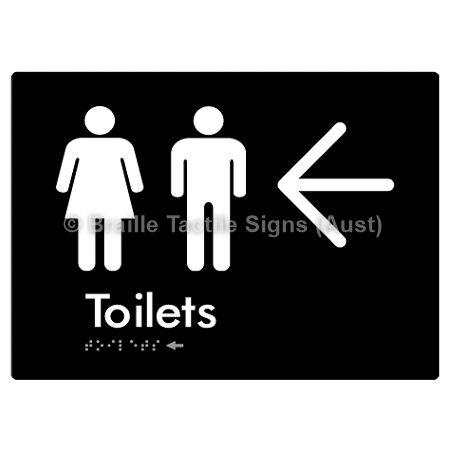 Braille Sign Toilets w/ Large Arrow: - Braille Tactile Signs (Aust) - BTS68->L-blk - Fully Custom Signs - Fast Shipping - High Quality - Australian Made & Owned